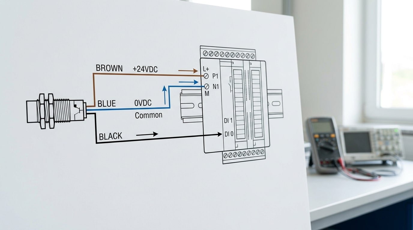 3 wire sensor V+ common and output signal wiring to PLC input