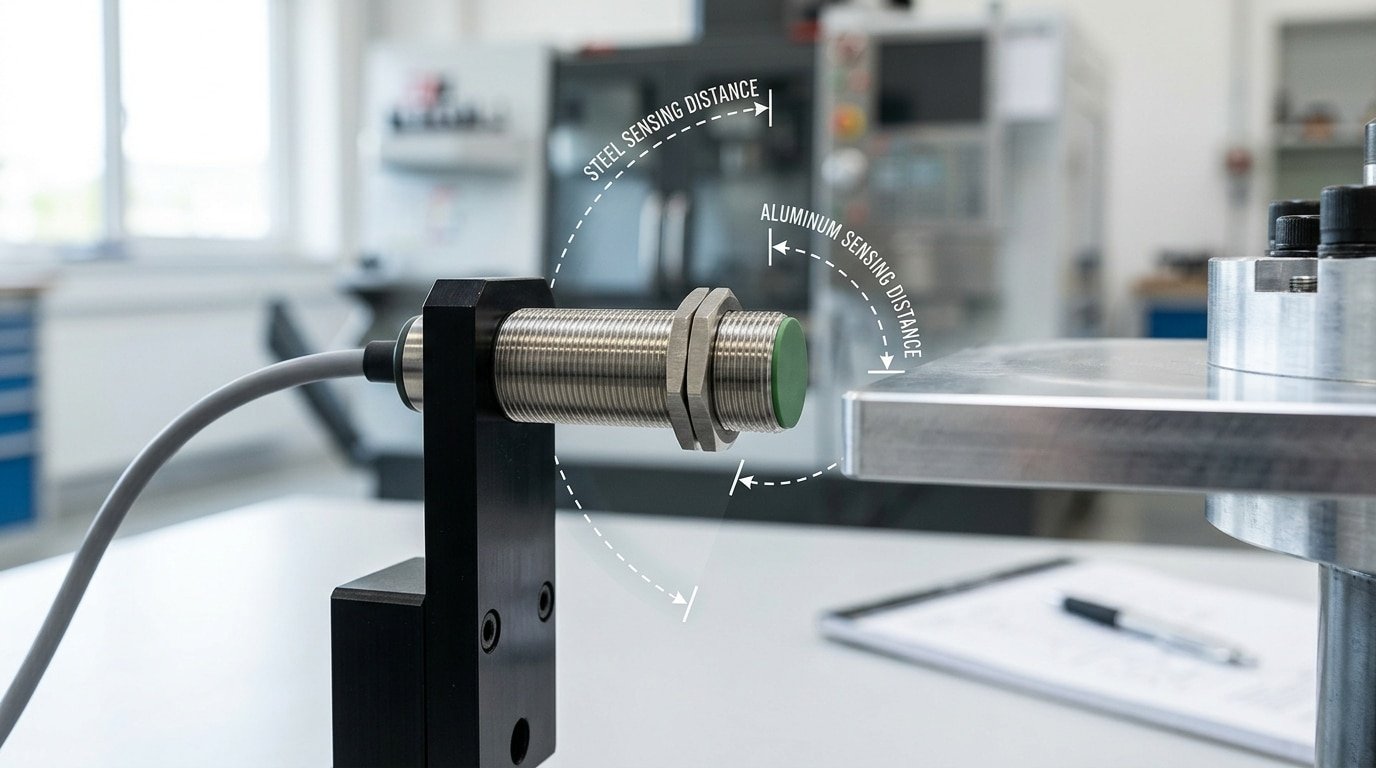 inductive sensor detects aluminum at reduced sensing distance compared to steel