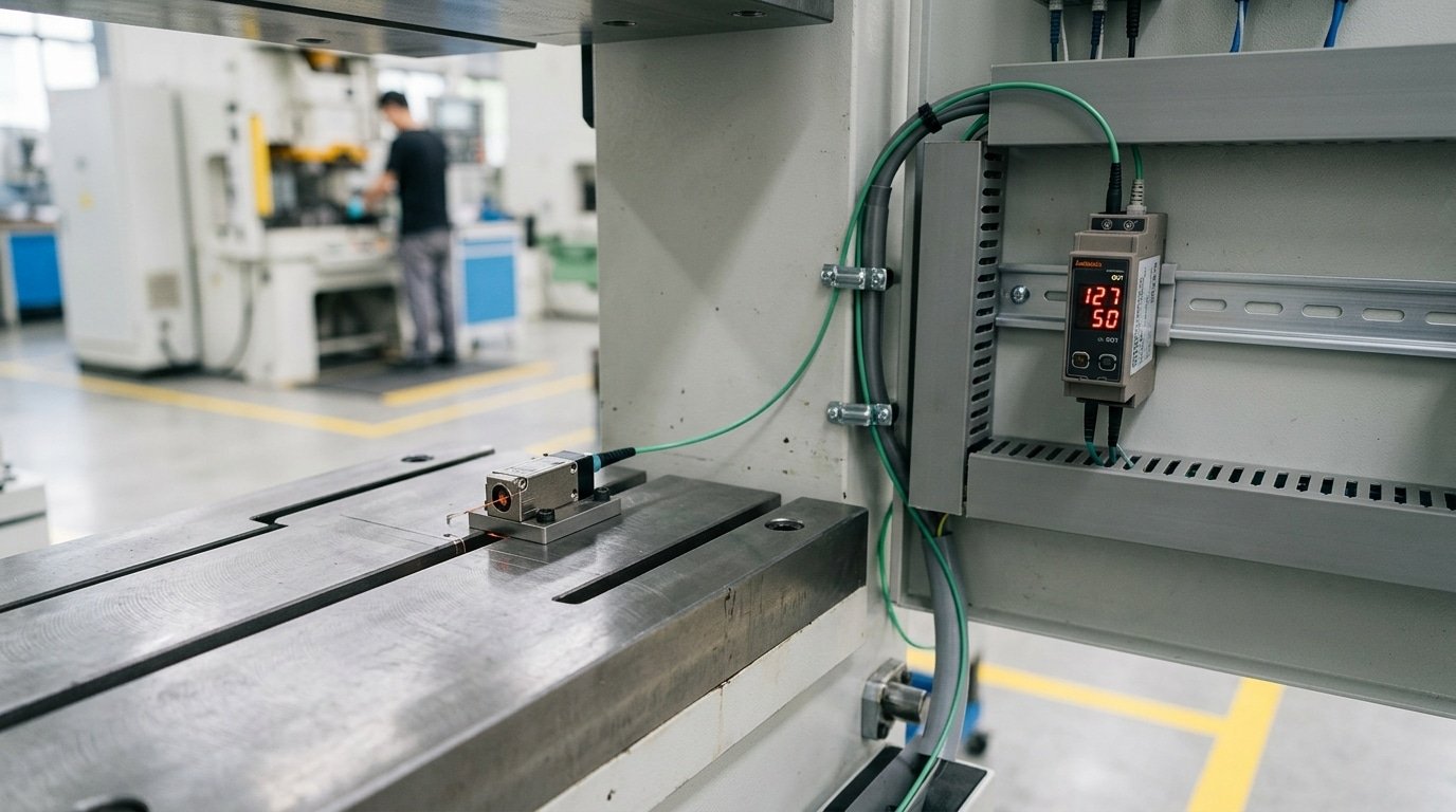 fiber optic blanking sensor detecting stamped blank at press stripper station