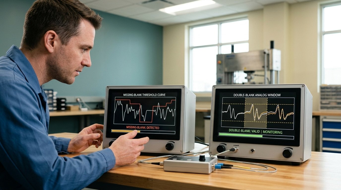 fiber optic blanking sensor missing-blank versus double-blank detection setup comparison