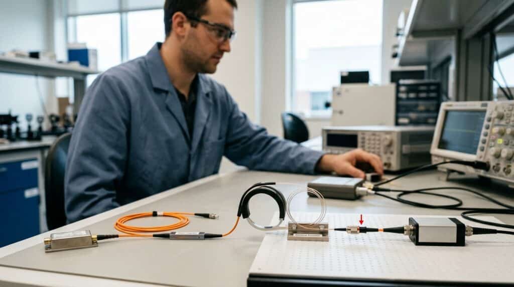 Fiber optic signal path being checked on a test bench