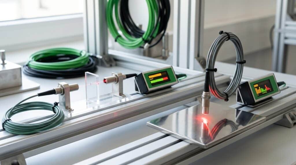 Fiber optic sensors testing transparent and reflective targets