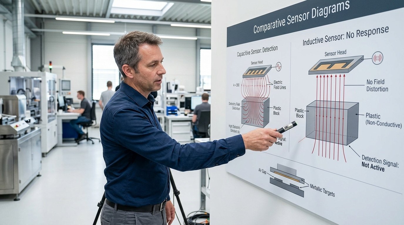 How a capacitive sensor detects plastic through dielectric constant while inductive sensors cannot