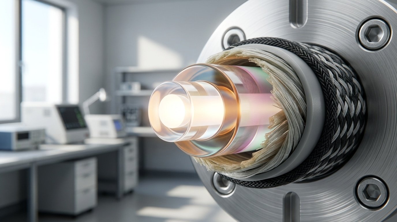 what is a fiber optic sensor showing light traveling through glass core