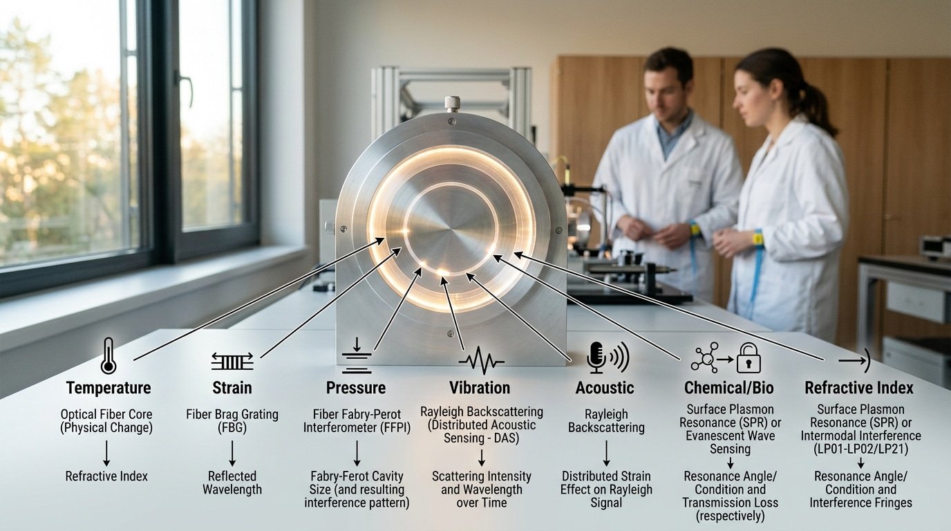 what a fiber optic sensor can detect and the light property each quantity changes