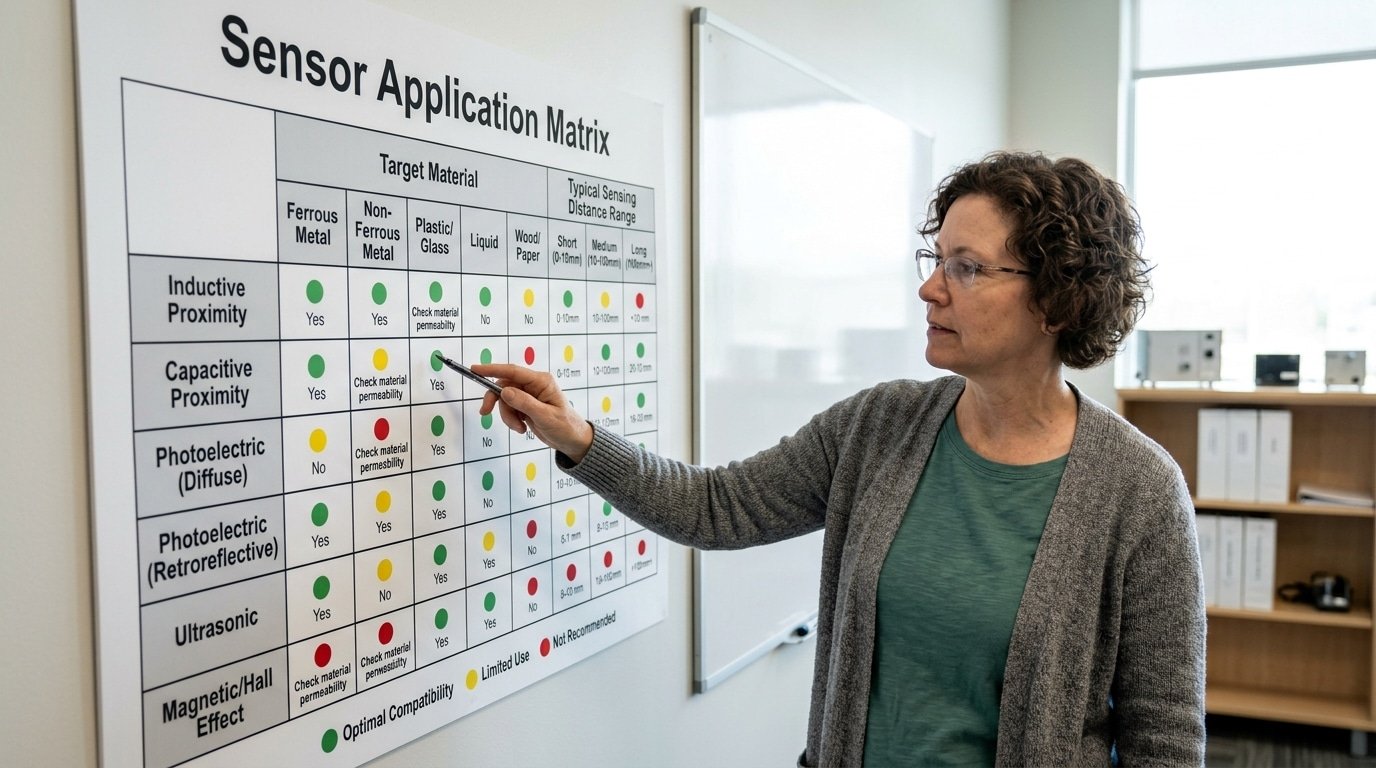 proximity sensor selection chart by target material and range