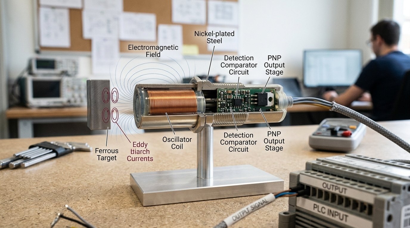 how a proximity sensor works step by step diagram of oscillator detection and output stages