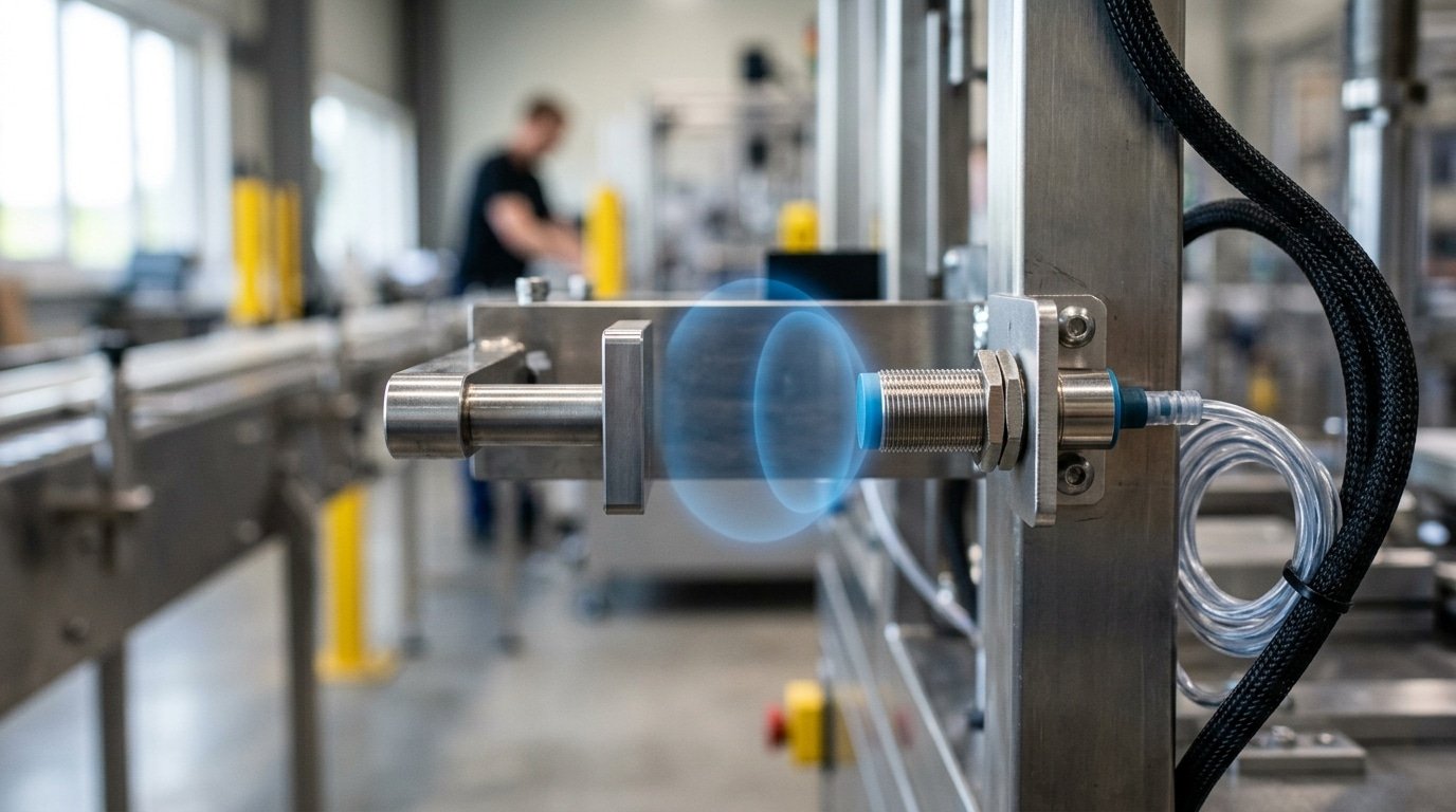 what is a proximity sensor showing non-contact sensing field detecting a metal target