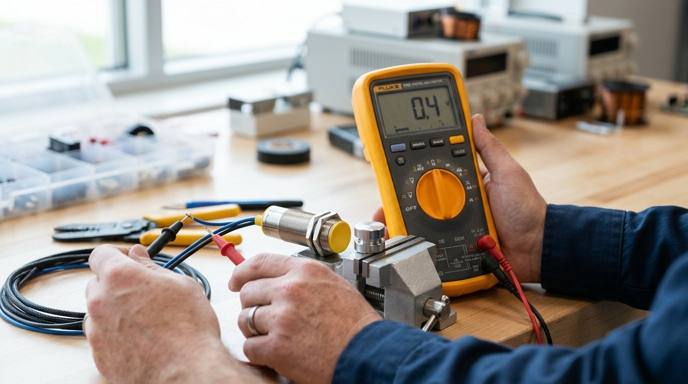 NPN sensor wiring diagram multimeter test showing 0V output when triggered