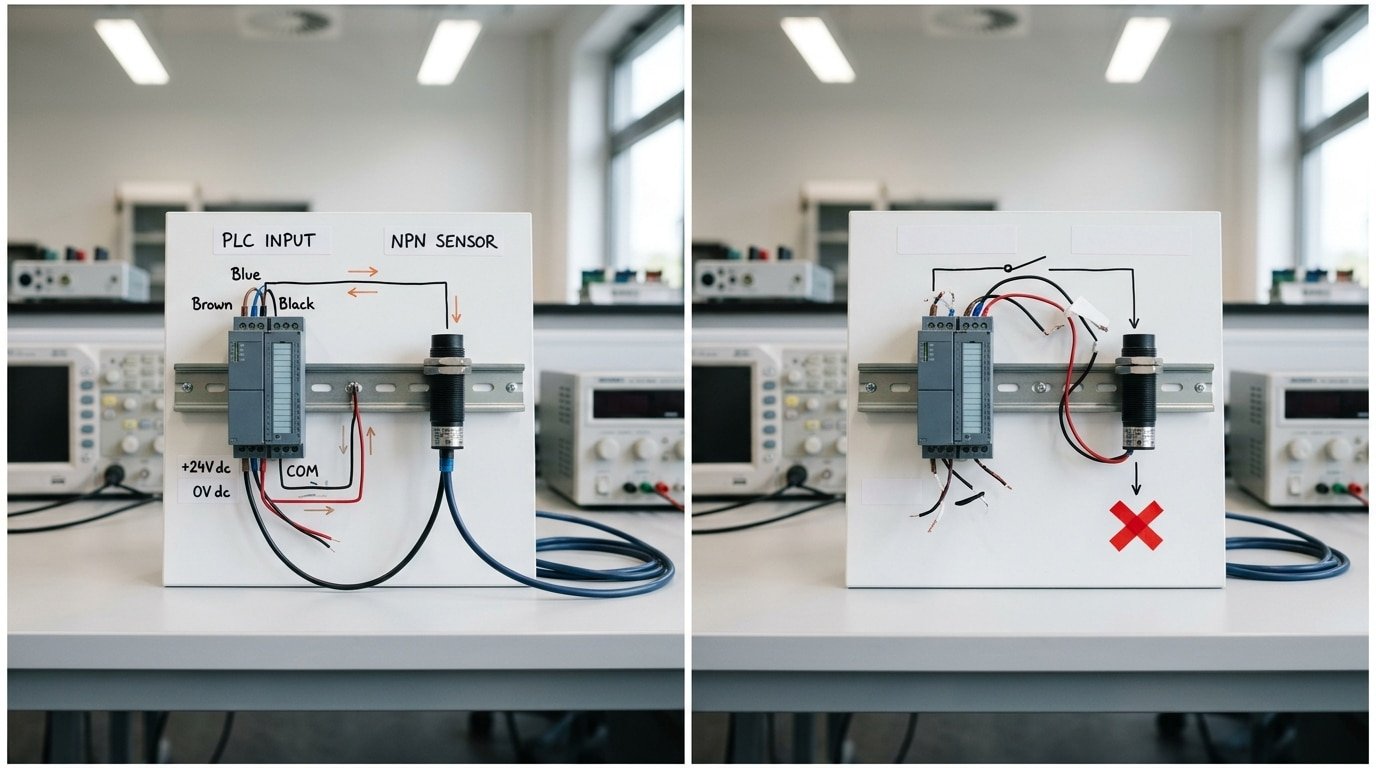 NPN sensor wiring diagram for PLC sourcing vs sinking input