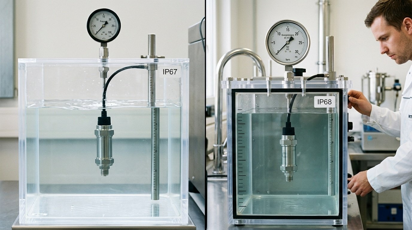 IP67 vs IP68 sensor immersion depth and time comparison diagram