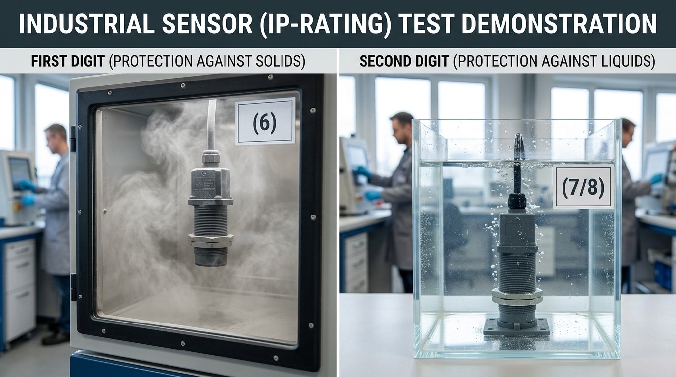 IP67 vs IP68 sensor code digits explained with dust and water tests