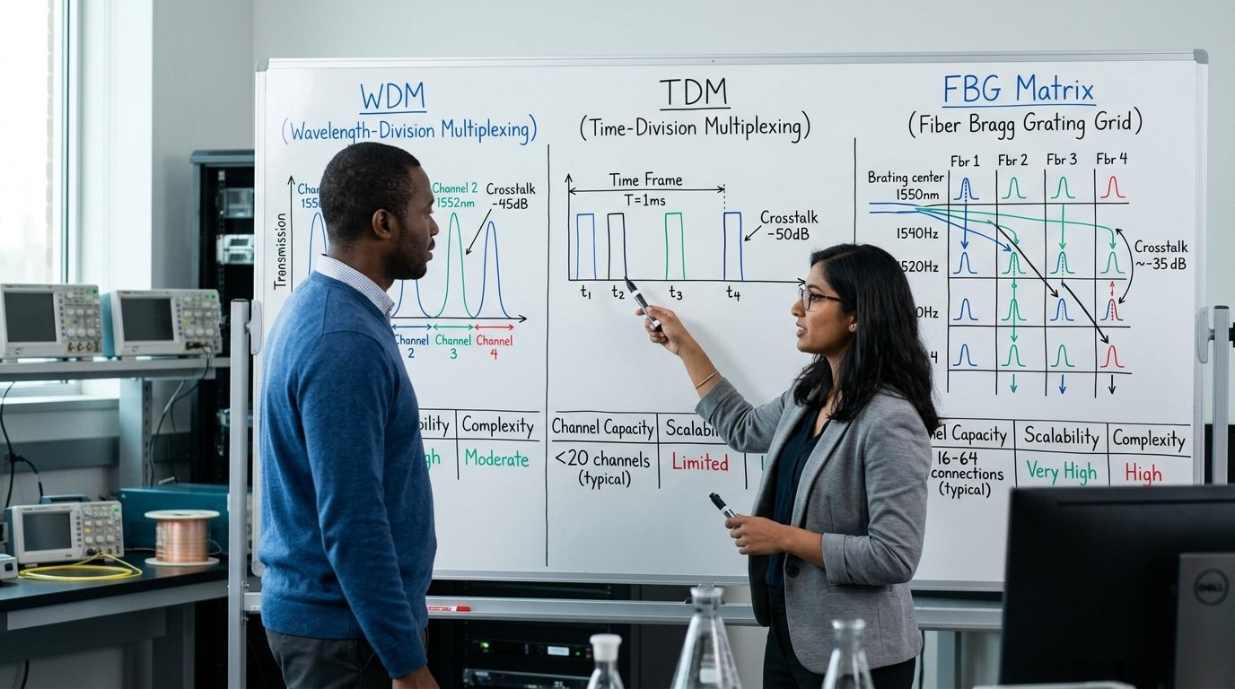 matrix fiber optic sensor multiplexing methods WDM TDM spatial comparison
