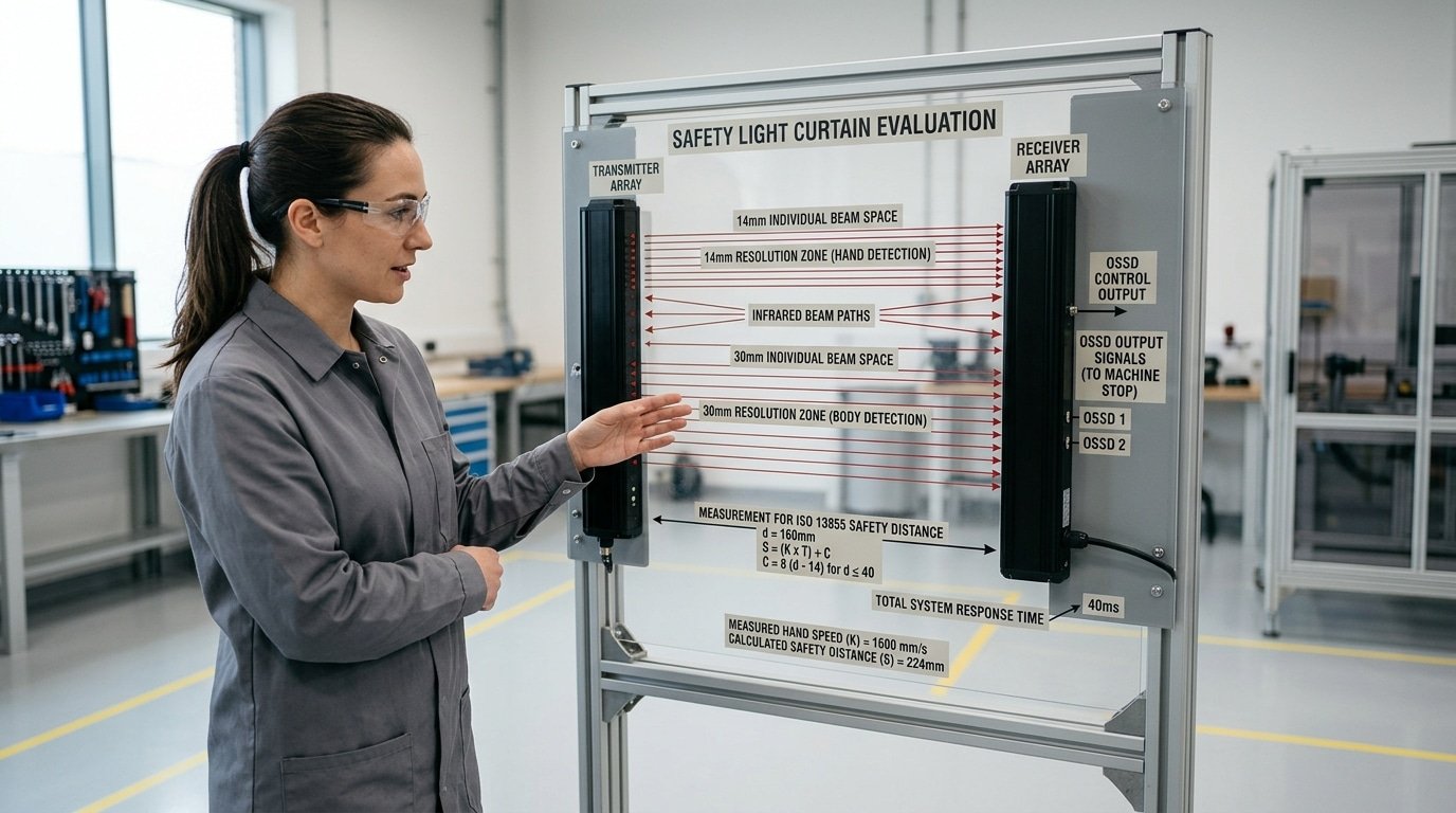 safety light curtain beam array resolution and OSSD stop logic diagram