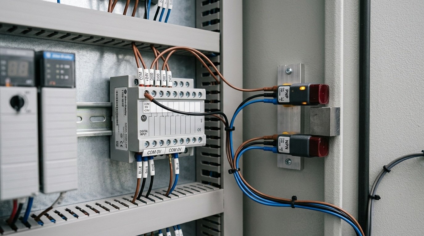 PLC input card common terminal showing sinking vs sourcing for NPN vs PNP sensor selection