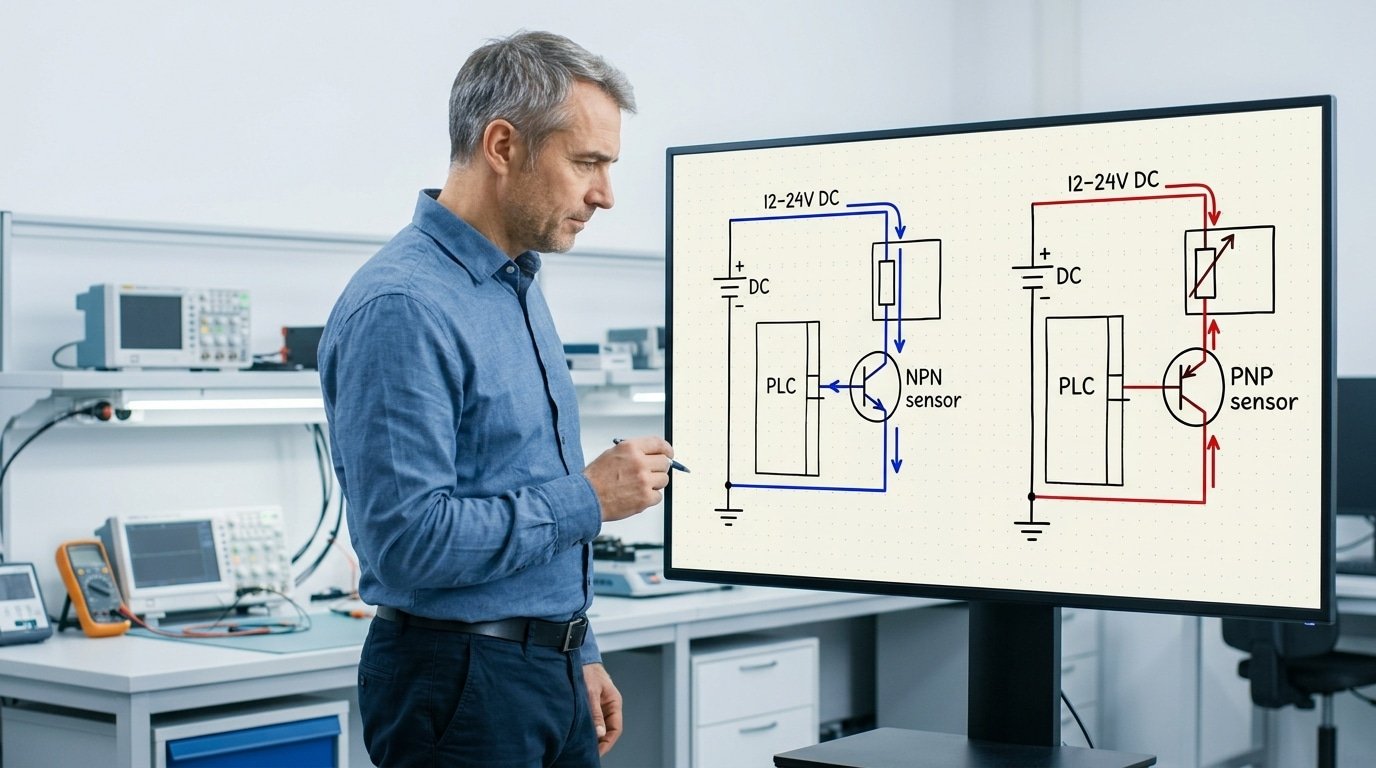 NPN vs PNP sensor sinking and sourcing current flow diagram