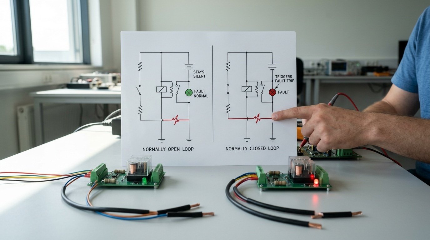 normally open vs normally closed sensor wire break failure comparison diagram