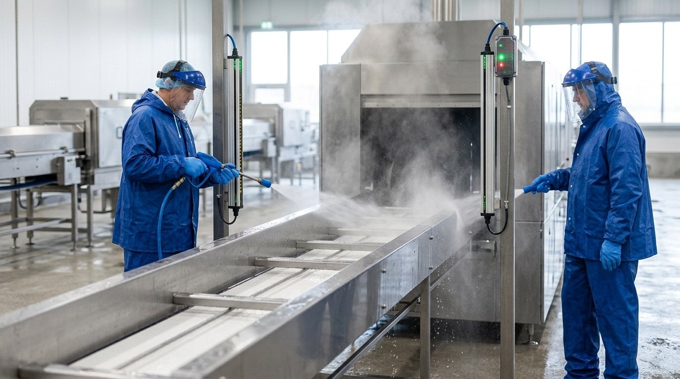 waterproof light curtain protecting a food processing washdown zone