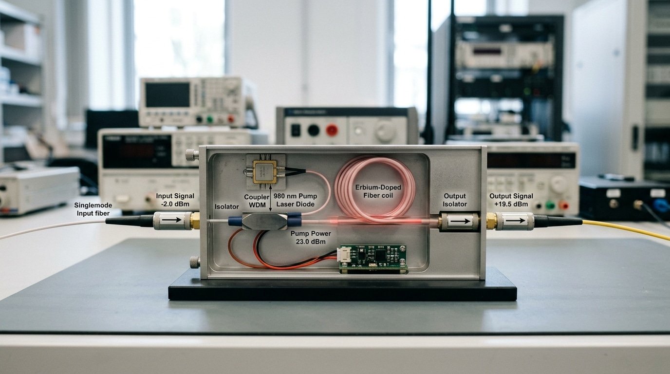 fiber optic amplifier internal structure showing signal boost in optical domain