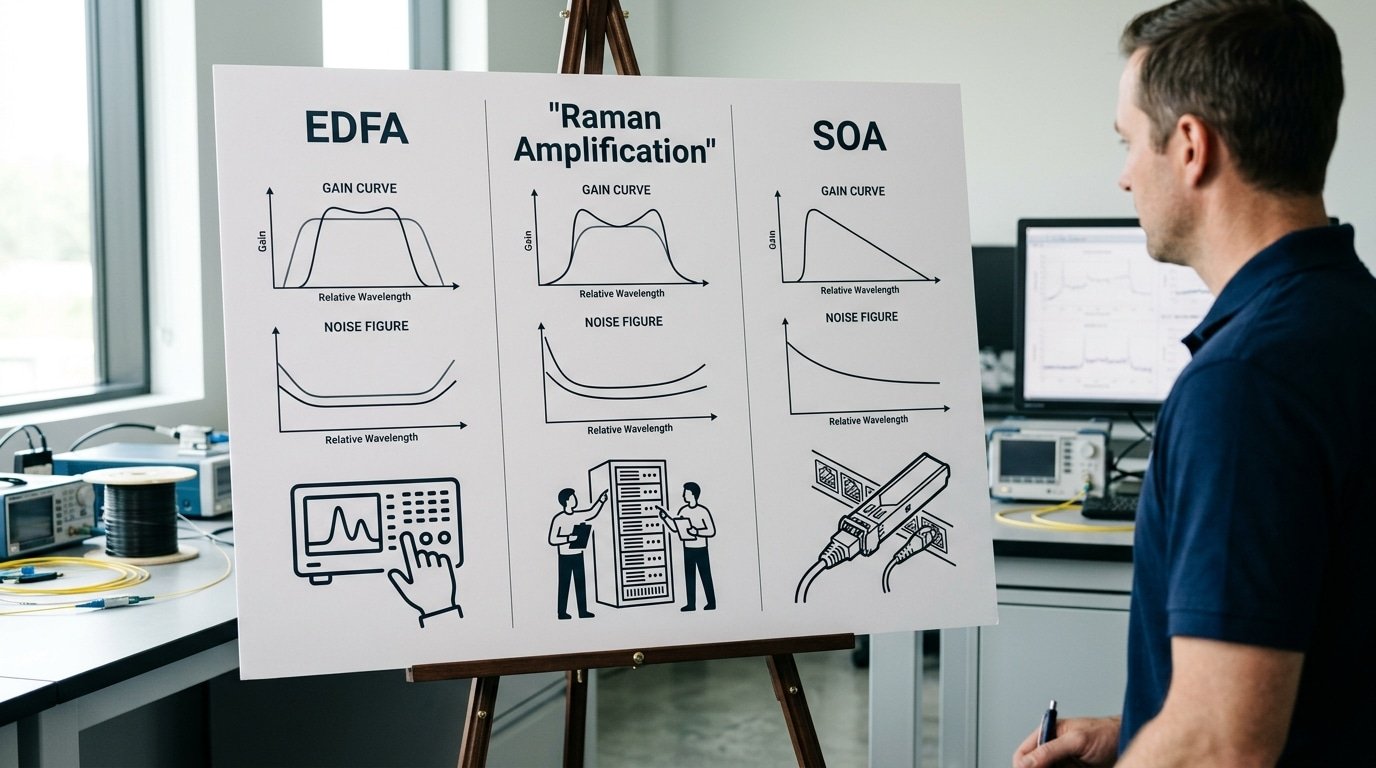 fiber optic amplifier comparison EDFA Raman SOA gain noise cost