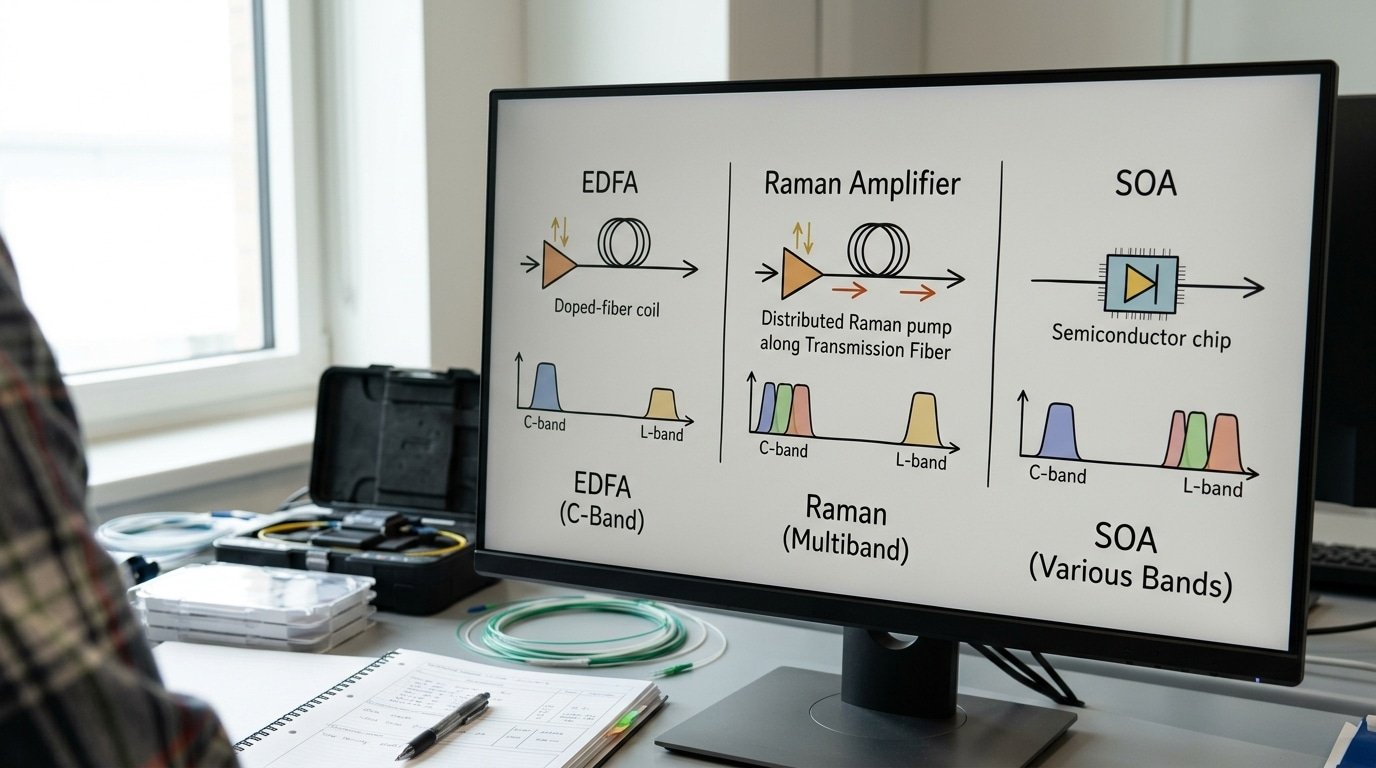 fiber optic amplifier types EDFA Raman SOA comparison diagram