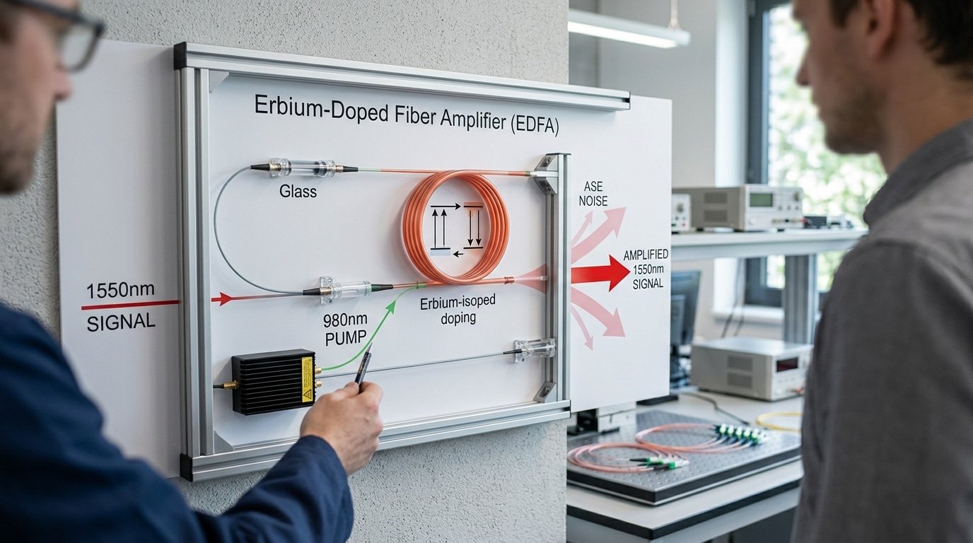 fiber optic amplifier EDFA stimulated emission and gain diagram