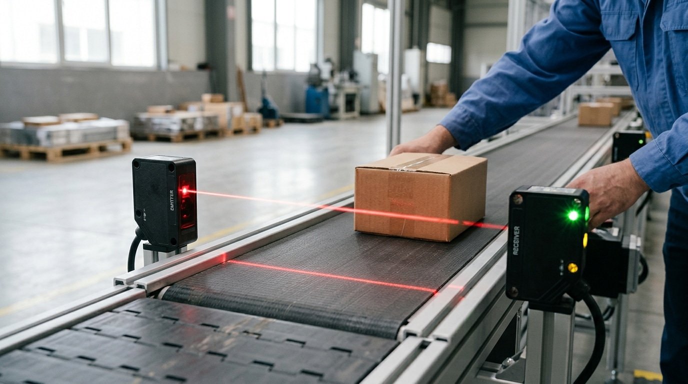 what is a photoelectric sensor showing emitter and receiver detecting a box on a conveyor