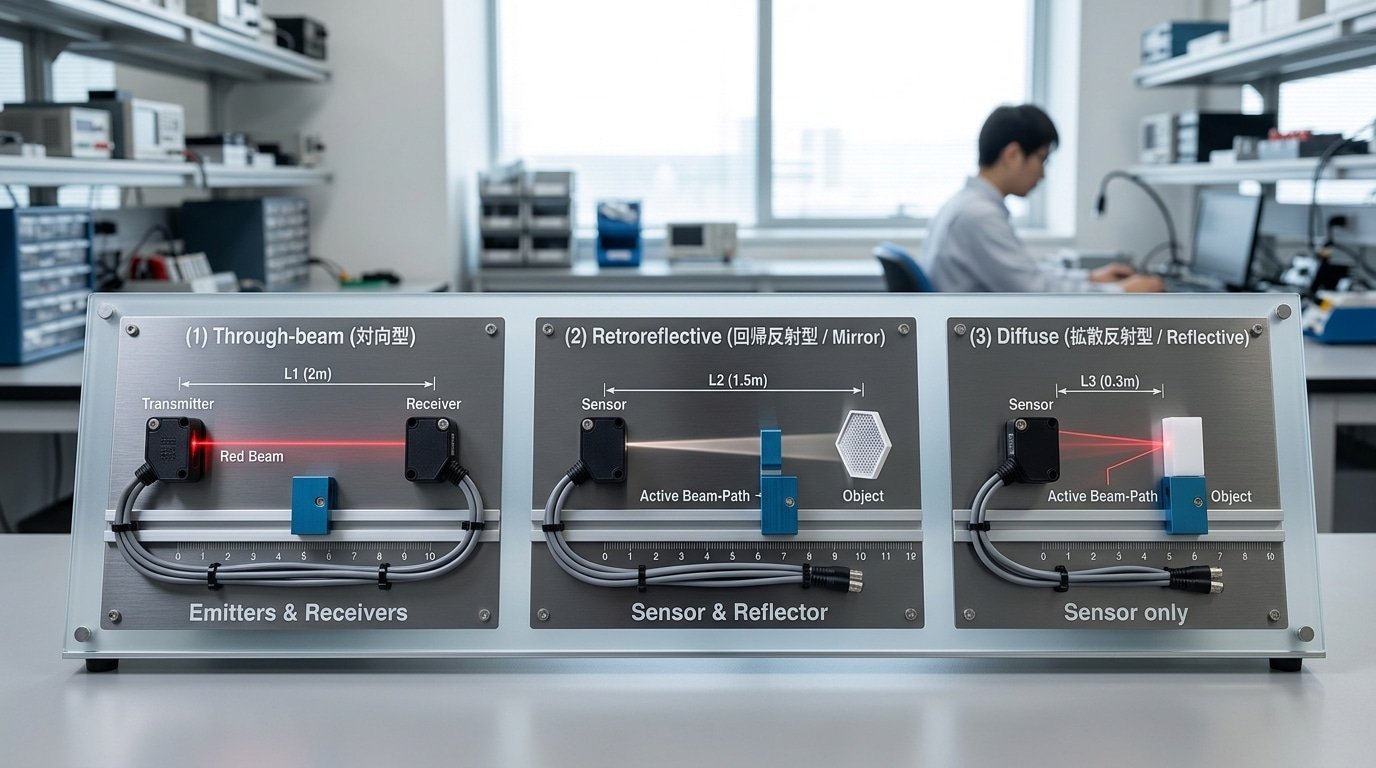 what is a photoelectric sensor comparison of through-beam retroreflective and diffuse modes