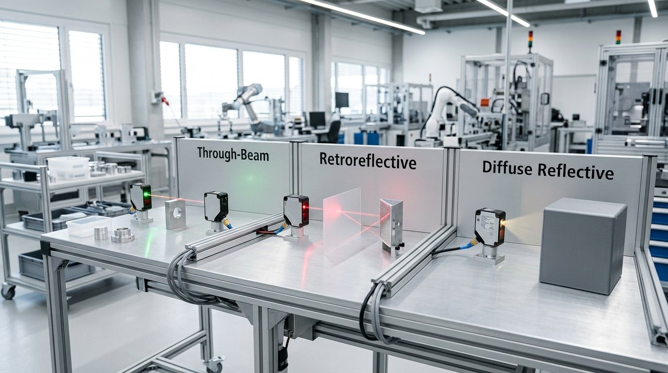 what is a photoelectric sensor three sensing modes through-beam retroreflective diffuse diagram