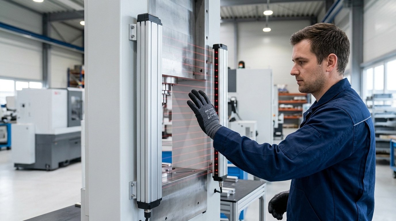 what is a safety light curtain shown as infrared beam screen guarding a machine press