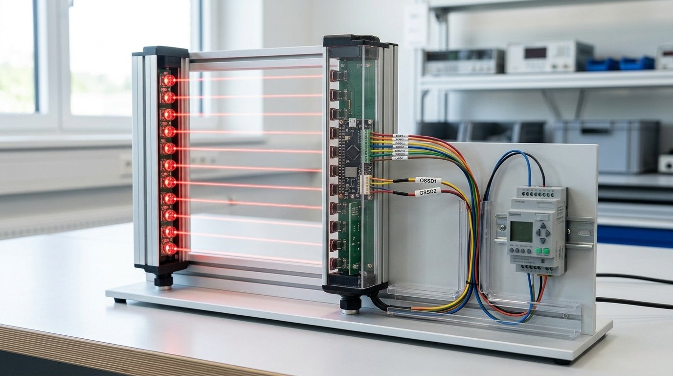 how a safety light curtain works with emitters receivers and OSSD outputs