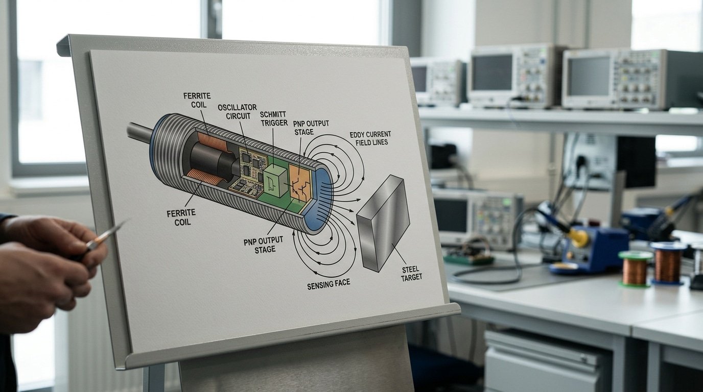 what is an inductive sensor internal parts diagram coil oscillator trigger output