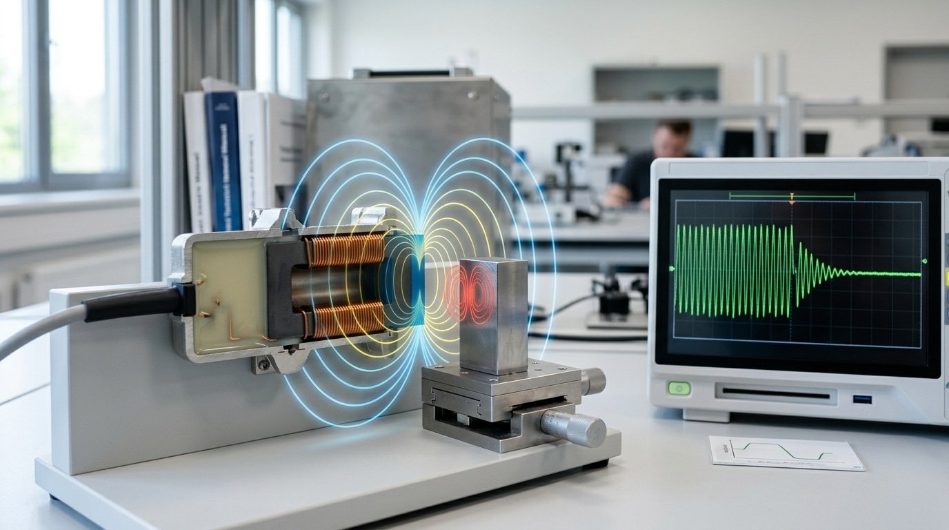 how an inductive sensor works showing coil field and eddy currents on metal target