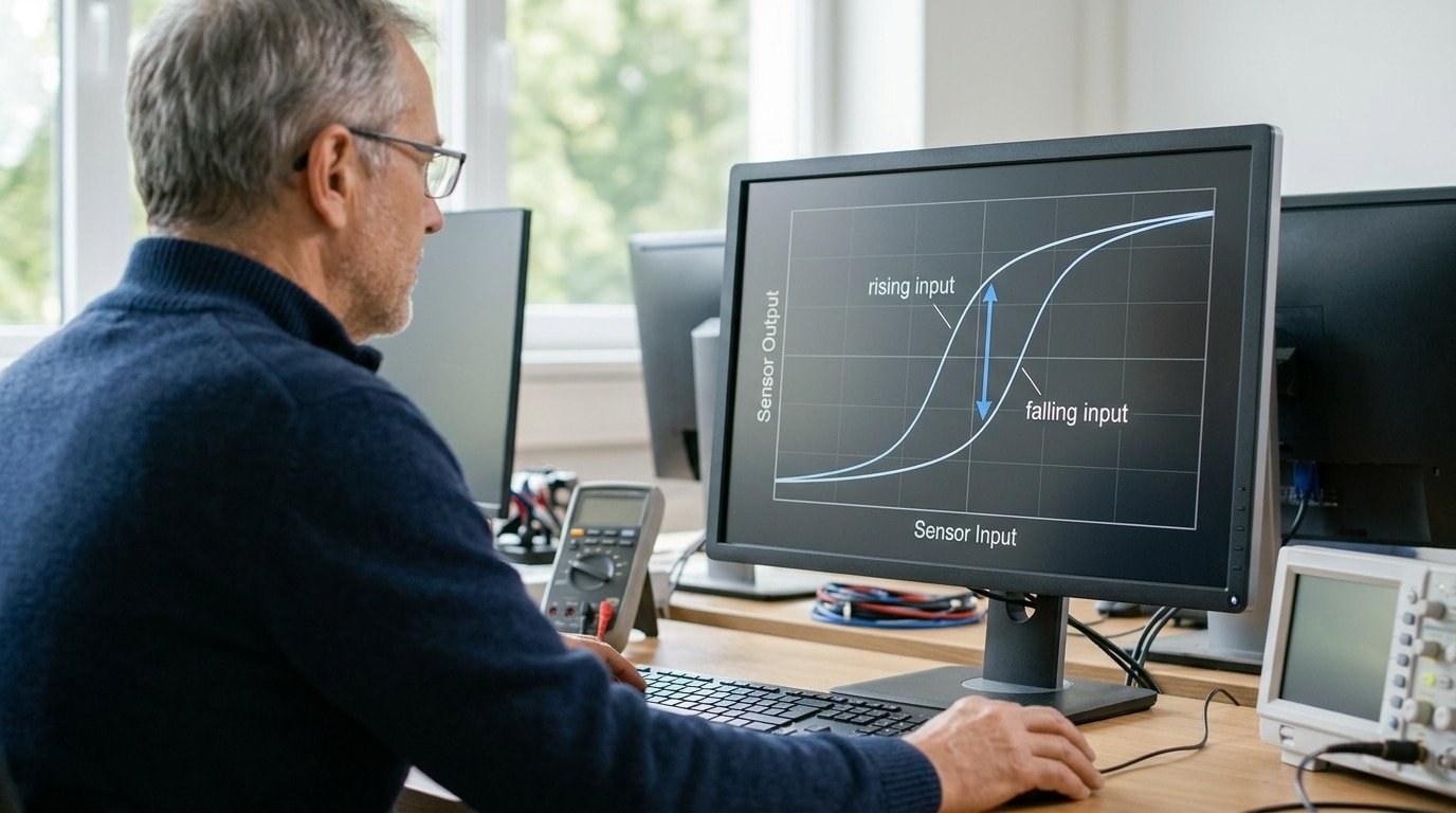 sensor hysteresis meaning shown as rising and falling input curves forming a loop