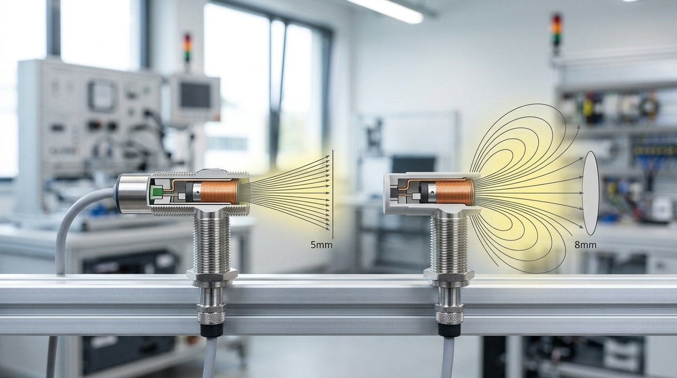 shielded vs unshielded proximity sensor sensing range comparison M18