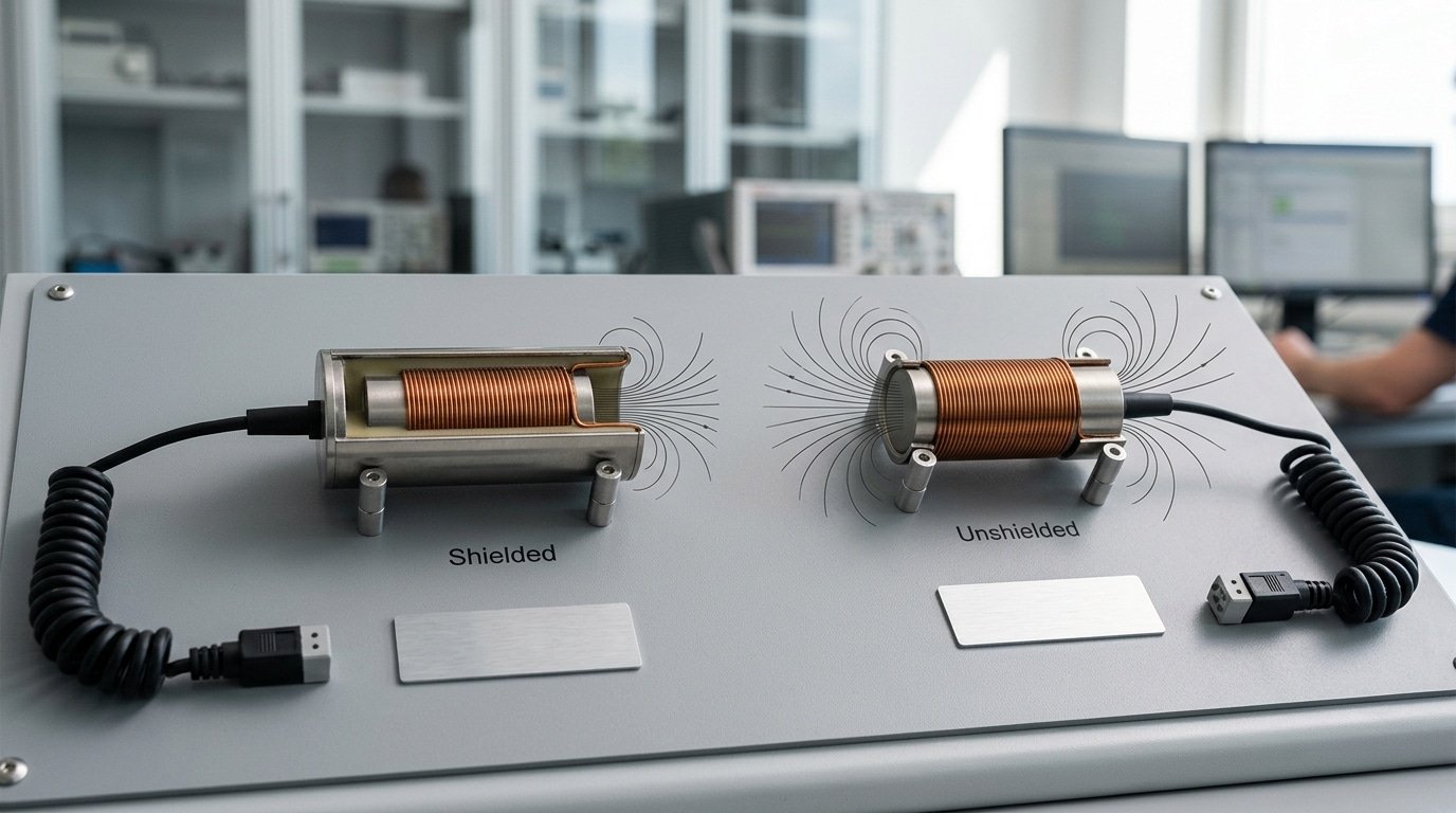 shielded vs unshielded proximity sensor coil field comparison