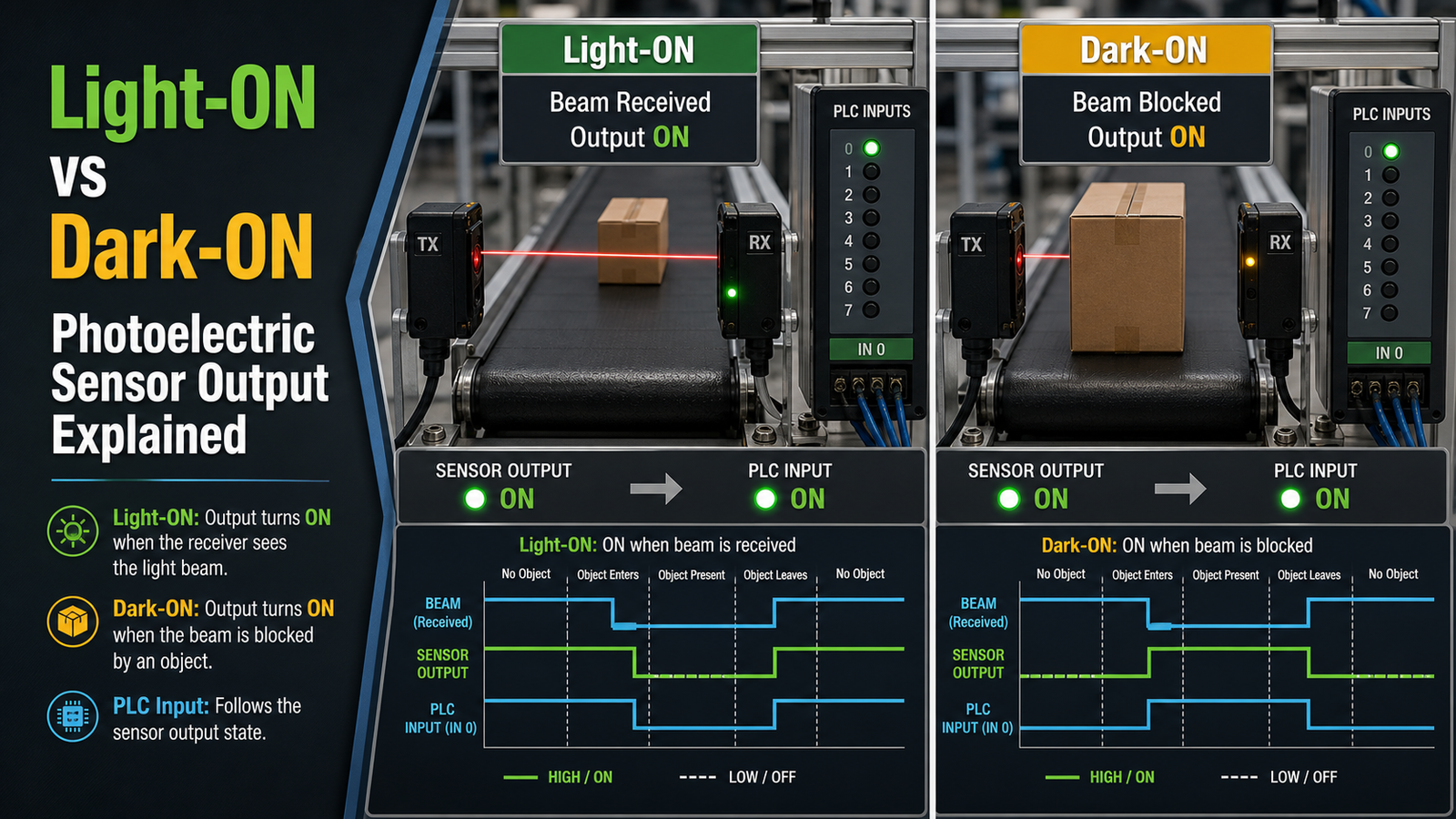Light-ON vs Dark-ON Photoelectric Sensor Output Explained