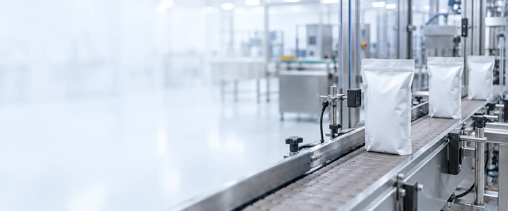 Generic illustration of a photoelectric sensor beside plain sealed pouches on a packaging conveyor