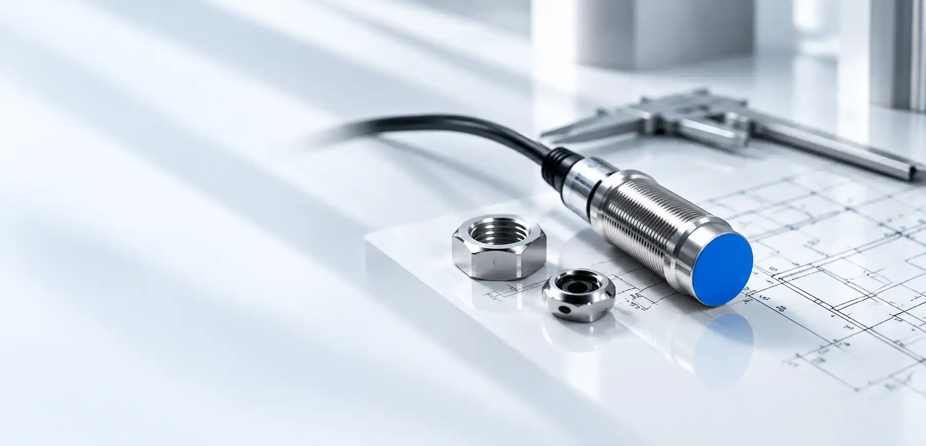 Customized industrial sensor with housing components and technical drawing